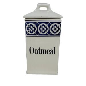 Antique German Porcelain Oatmeal Kitchen Canister - Blue & White Norma Brand